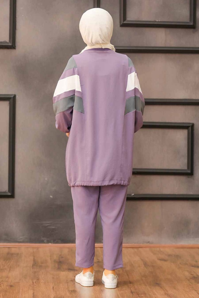  Şerit Desenli Lila Tesettür İkili Takım 3146LILA - 2