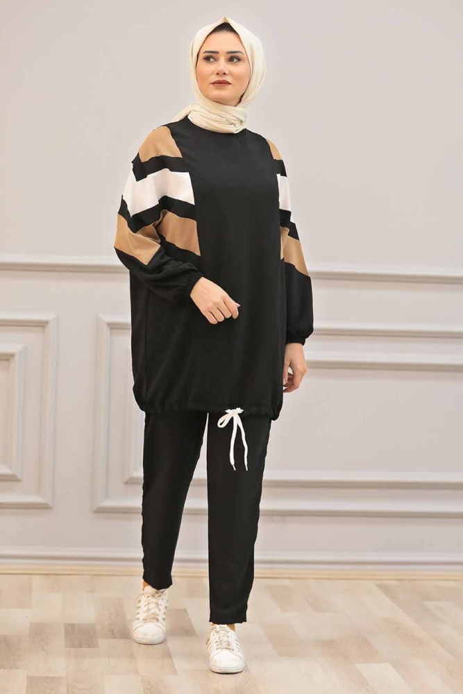 Neva Style - Şerit Desenli Siyah Tesettür İkili Takım 3146S - 1