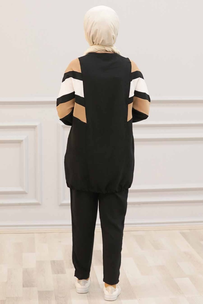 Neva Style - Şerit Desenli Siyah Tesettür İkili Takım 3146S - 2