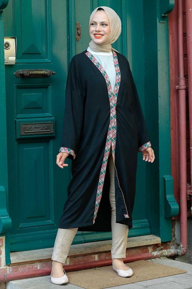 Neva Style - Şerit Desenli Siyah Tesettür Kap 14075S - 1