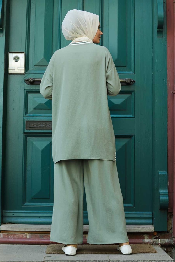 Neva Style - Şerit Detaylı Çağla Yeşili Tesettür İkili Takım 40250CY - 2