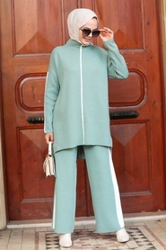 Neva Style - Şerit Detaylı Çağla Yeşili Tesettür Triko İkili Takım 2010CY - Thumbnail