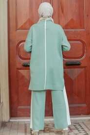 Neva Style - Şerit Detaylı Çağla Yeşili Tesettür Triko İkili Takım 2010CY - Thumbnail