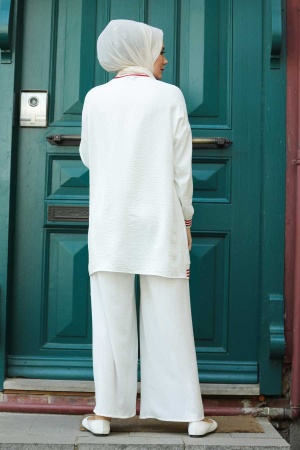 Neva Style - Şerit Detaylı Ekru Tesettür İkili Takım 40250E - 2