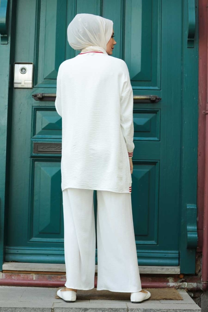 Neva Style - Şerit Detaylı Ekru Tesettür İkili Takım 40250E - 2