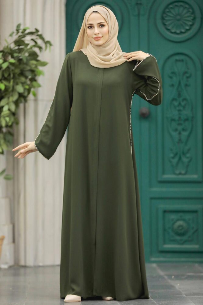  Şerit Detaylı Haki Tesettür Rabia Krep Ferace 618HK - 2