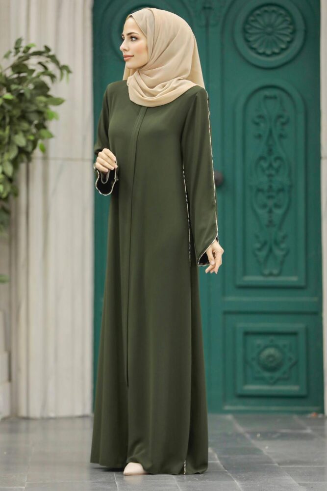  Şerit Detaylı Haki Tesettür Rabia Krep Ferace 618HK - 1