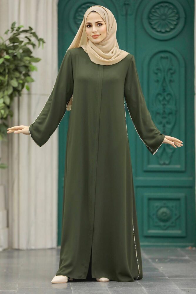  Şerit Detaylı Haki Tesettür Rabia Krep Ferace 618HK - 3
