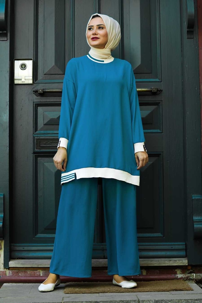 Neva Style - Şerit Detaylı İndigo Mavisi Tesettür İkili Takım 40250IM - 1