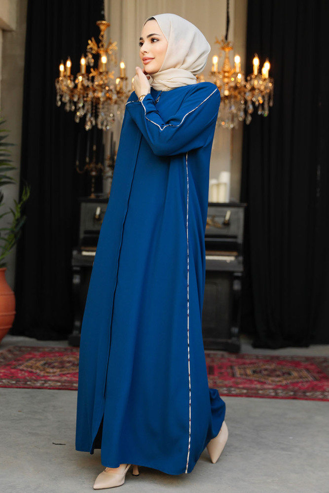 Neva Style - Şerit Detaylı İndigo Mavisi Tesettür Rabia Krep Ferace 618IM - 1