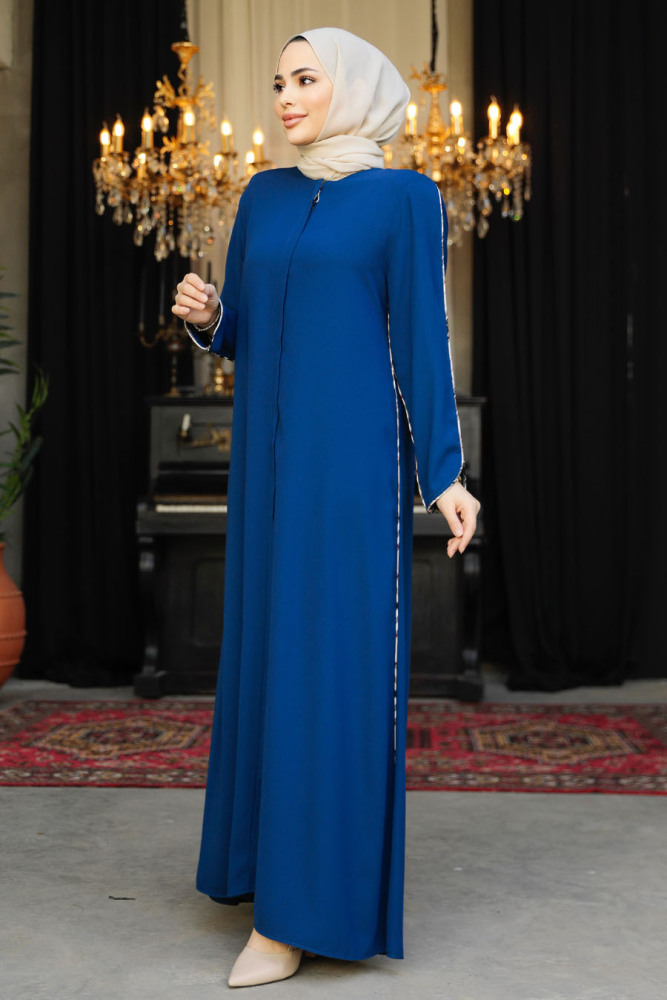 Neva Style - Şerit Detaylı İndigo Mavisi Tesettür Rabia Krep Ferace 618IM - 2