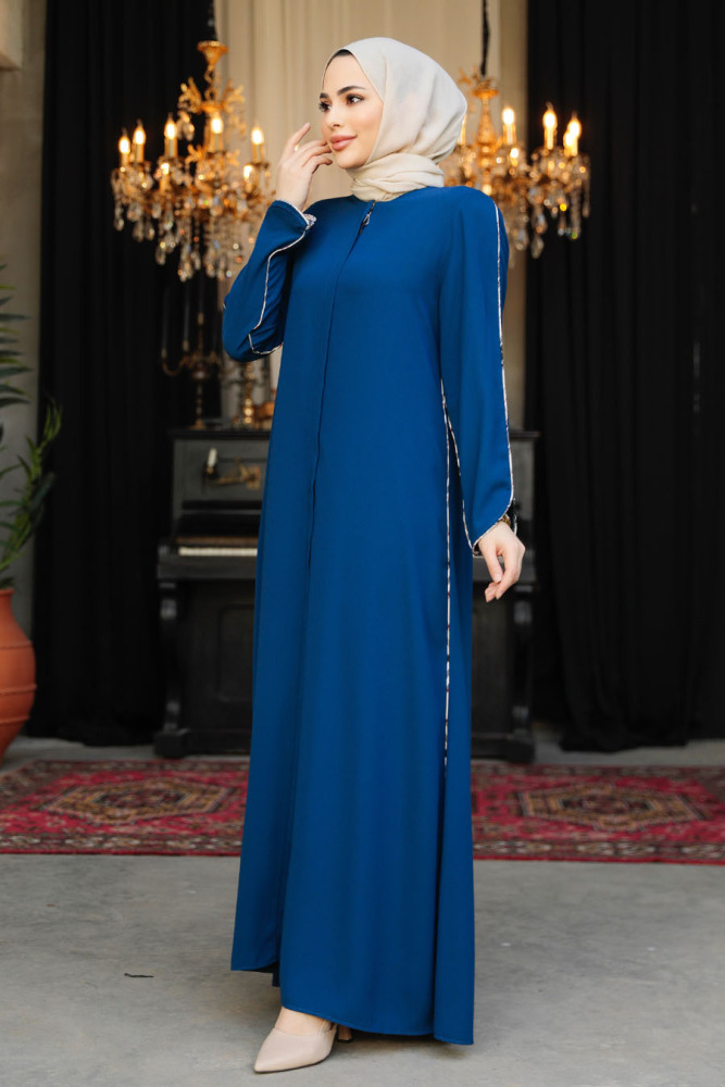 Neva Style - Şerit Detaylı İndigo Mavisi Tesettür Rabia Krep Ferace 618IM - 3