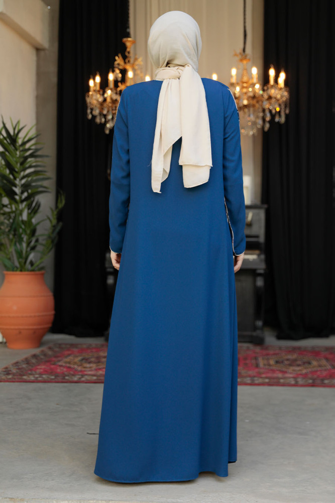 Neva Style - Şerit Detaylı İndigo Mavisi Tesettür Rabia Krep Ferace 618IM - 4