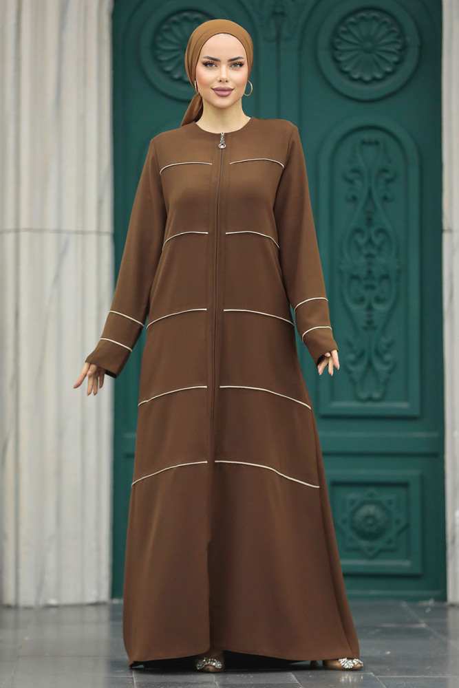 Neva Style - Şerit Detaylı Kahverengi Tesettür Ferace 20044KH - 2