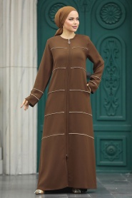 Neva Style - Şerit Detaylı Kahverengi Tesettür Ferace 20044KH - Thumbnail