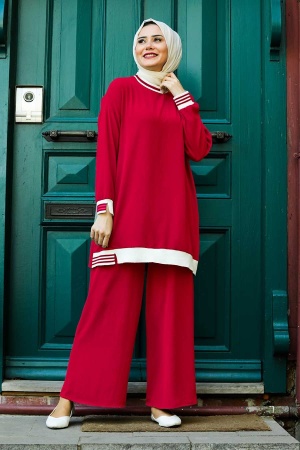 Neva Style - Şerit Detaylı Kırmızı Tesettür İkili Takım 40250K - 1