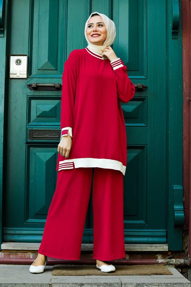 Neva Style - Şerit Detaylı Kırmızı Tesettür İkili Takım 40250K - 1
