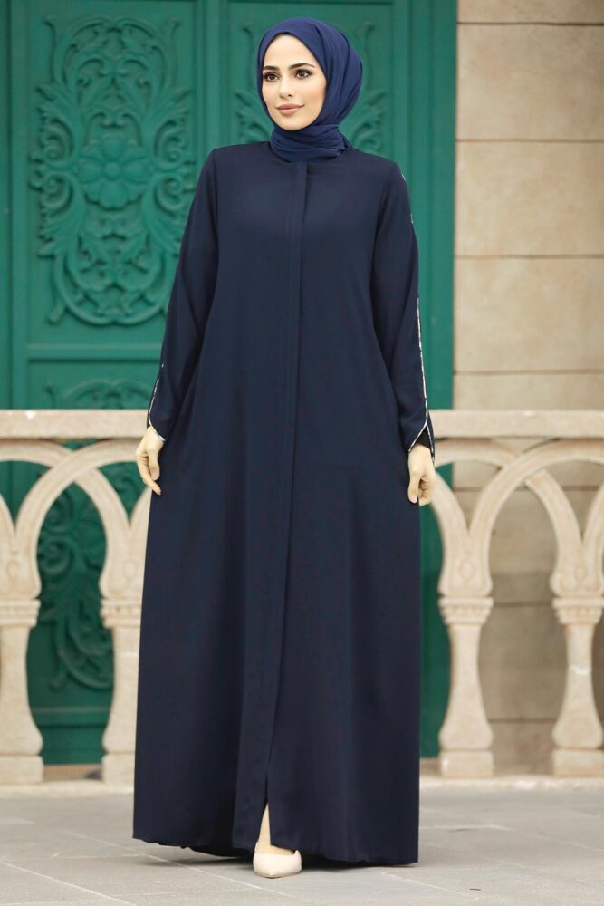 Neva Style - Şerit Detaylı Lacivert Tesettür Rabia Krep Ferace 618L - 3