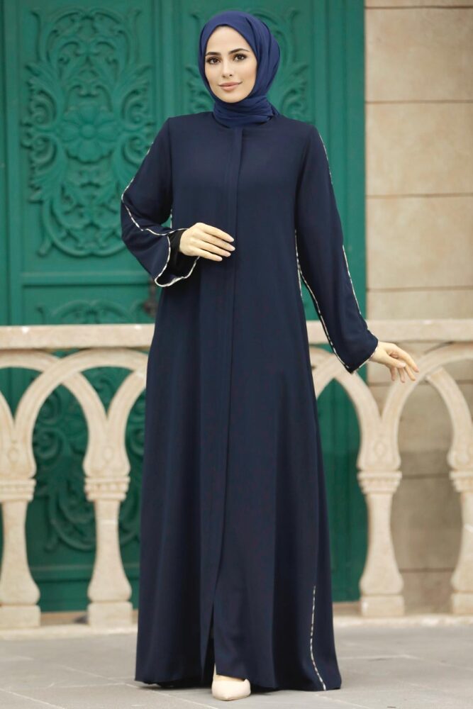 Neva Style - Şerit Detaylı Lacivert Tesettür Rabia Krep Ferace 618L - 2