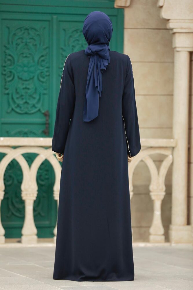 Neva Style - Şerit Detaylı Lacivert Tesettür Rabia Krep Ferace 618L - 4