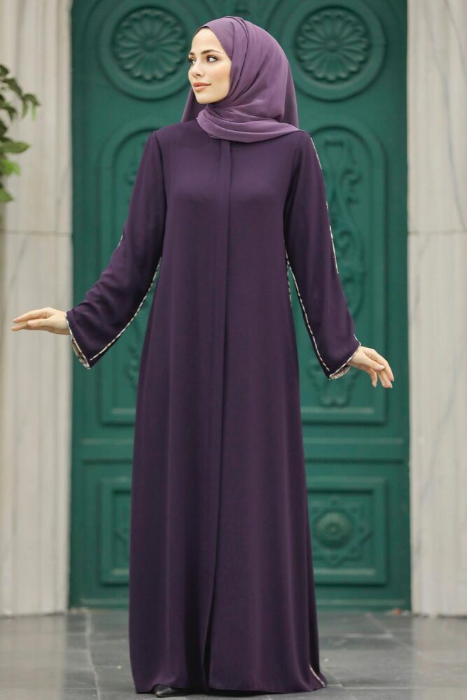  Şerit Detaylı Mürdüm Tesettür Rabia Krep Ferace 618MU - 2