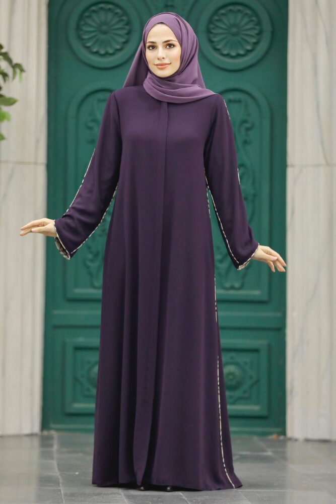  Şerit Detaylı Mürdüm Tesettür Rabia Krep Ferace 618MU - 3