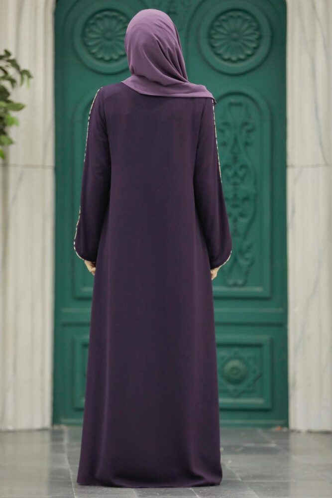  Şerit Detaylı Mürdüm Tesettür Rabia Krep Ferace 618MU - 4