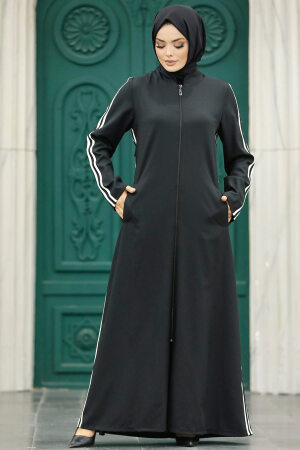 Neva Style - Şerit Detaylı Siyah Tesettür Ferace 10502S - 3