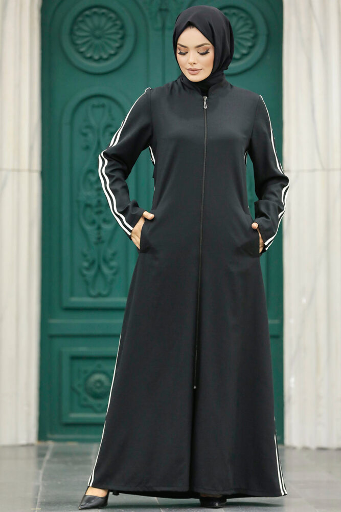 Neva Style - Şerit Detaylı Siyah Tesettür Ferace 10502S - 3