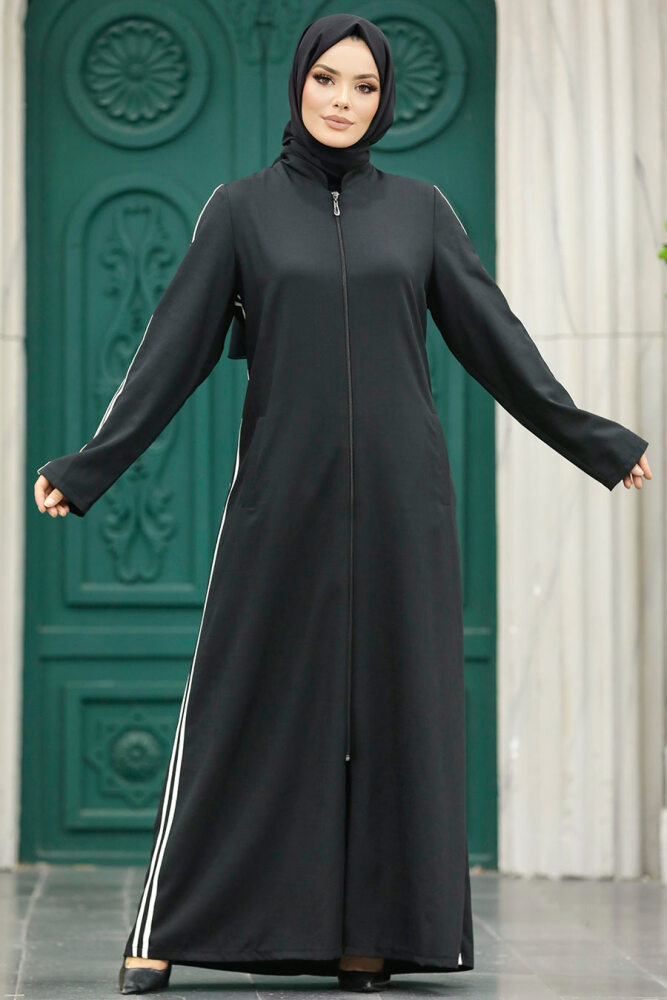 Neva Style - Şerit Detaylı Siyah Tesettür Ferace 10502S - 2