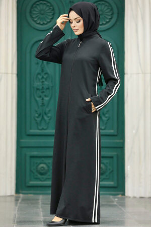 Neva Style - Şerit Detaylı Siyah Tesettür Ferace 10502S - 1