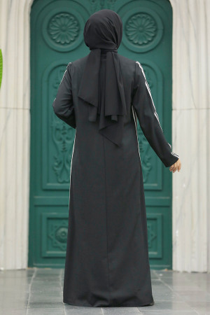 Neva Style - Şerit Detaylı Siyah Tesettür Ferace 10502S - 4