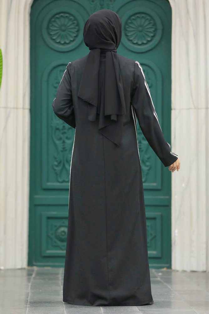 Neva Style - Şerit Detaylı Siyah Tesettür Ferace 10502S - 4