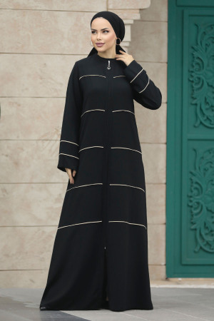 Neva Style - Şerit Detaylı Siyah Tesettür Ferace 20044S - 1