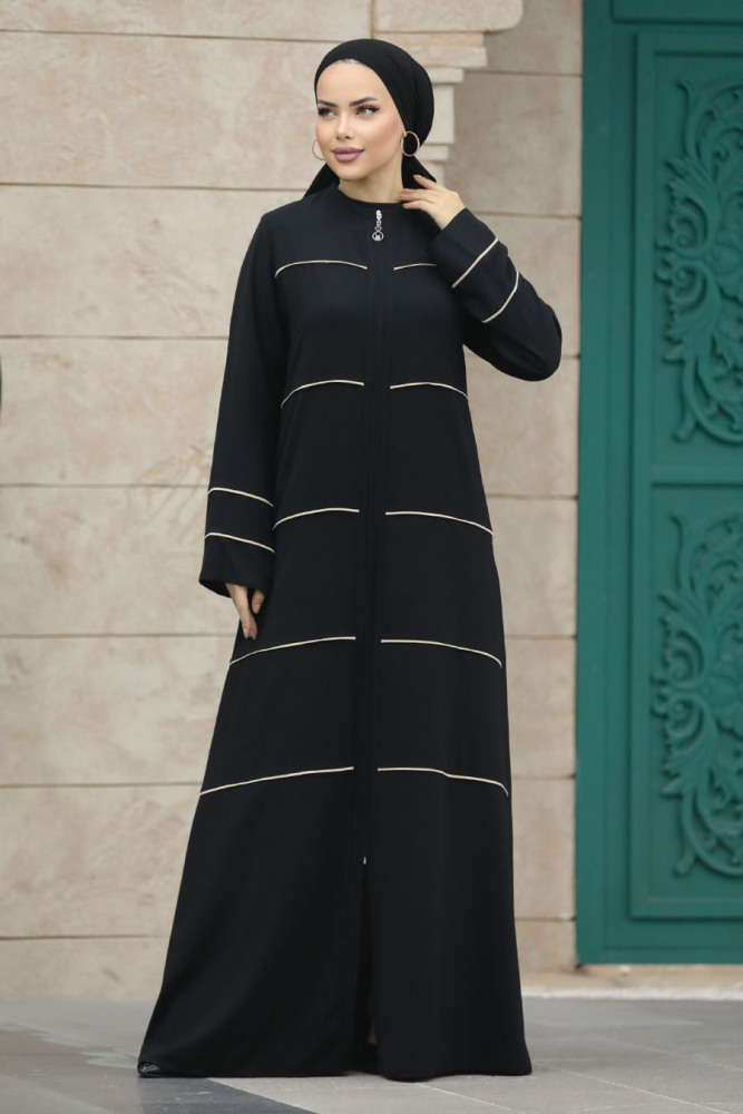 Neva Style - Şerit Detaylı Siyah Tesettür Ferace 20044S - 1