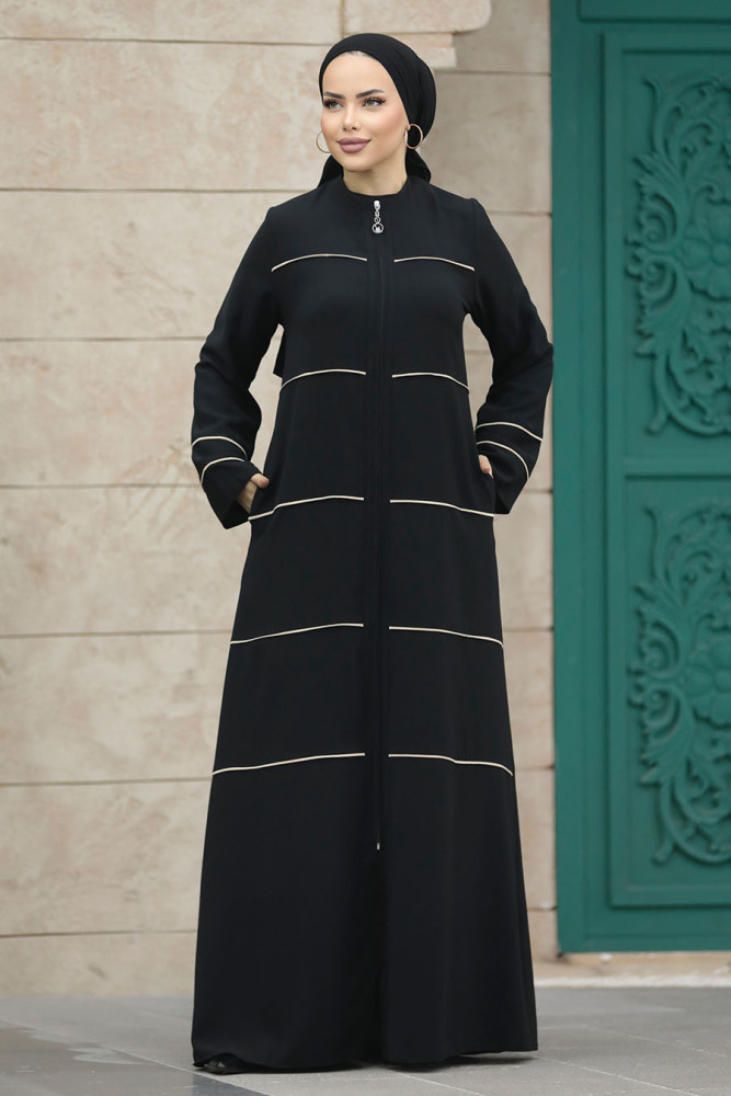 Neva Style - Şerit Detaylı Siyah Tesettür Ferace 20044S - 2