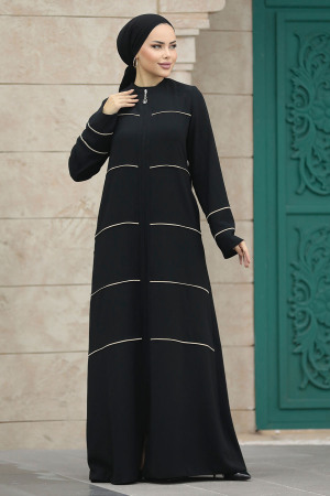 Neva Style - Şerit Detaylı Siyah Tesettür Ferace 20044S - 3