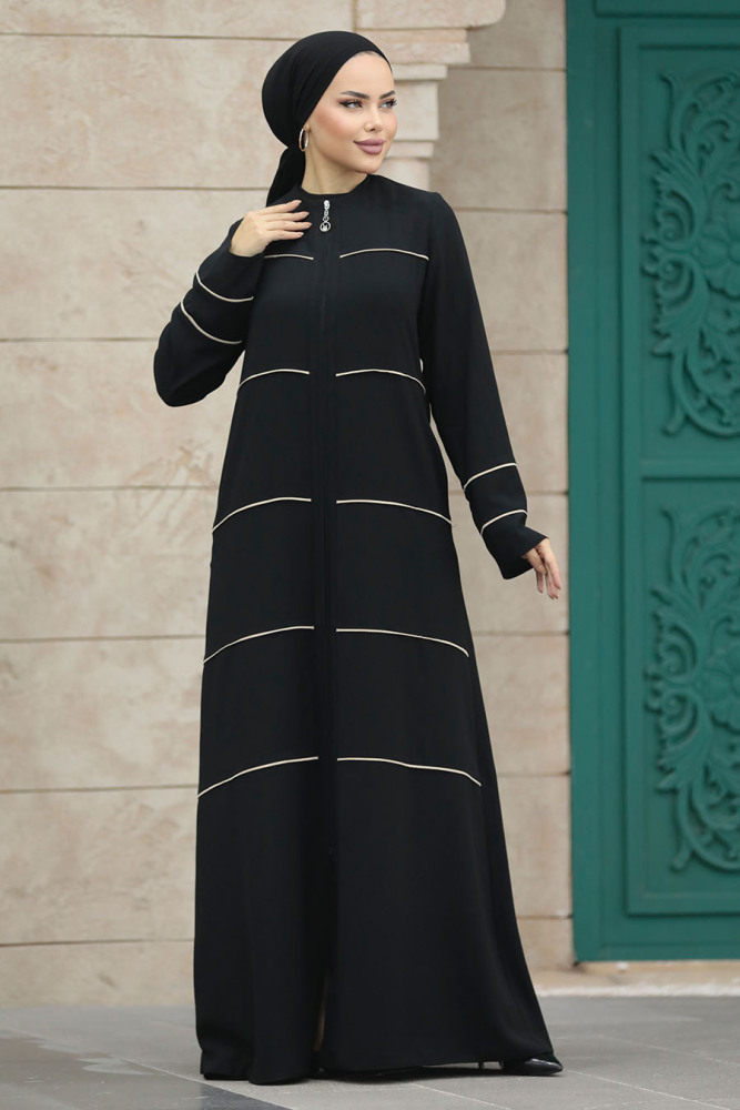 Neva Style - Şerit Detaylı Siyah Tesettür Ferace 20044S - 3