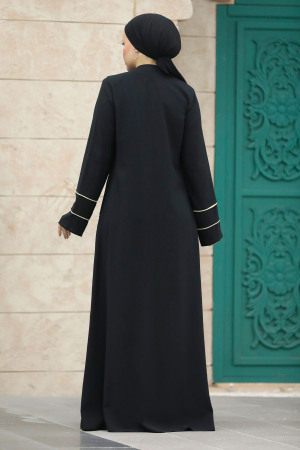 Neva Style - Şerit Detaylı Siyah Tesettür Ferace 20044S - 4