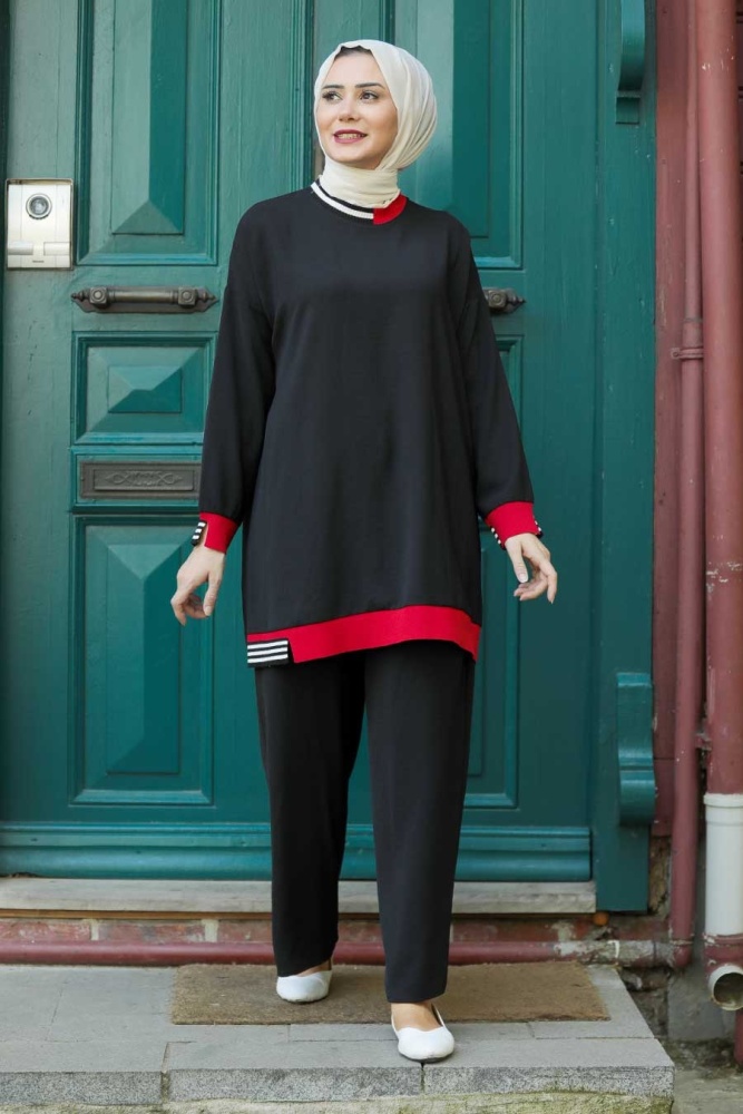 Neva Style - Şerit Detaylı Siyah Tesettür İkili Takım 40250S - 1