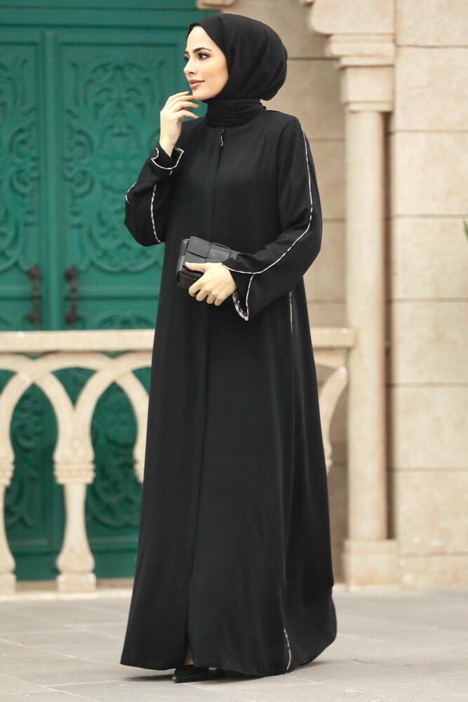 Neva Style - Şerit Detaylı Siyah Tesettür Rabia Krep Ferace 618S - 2