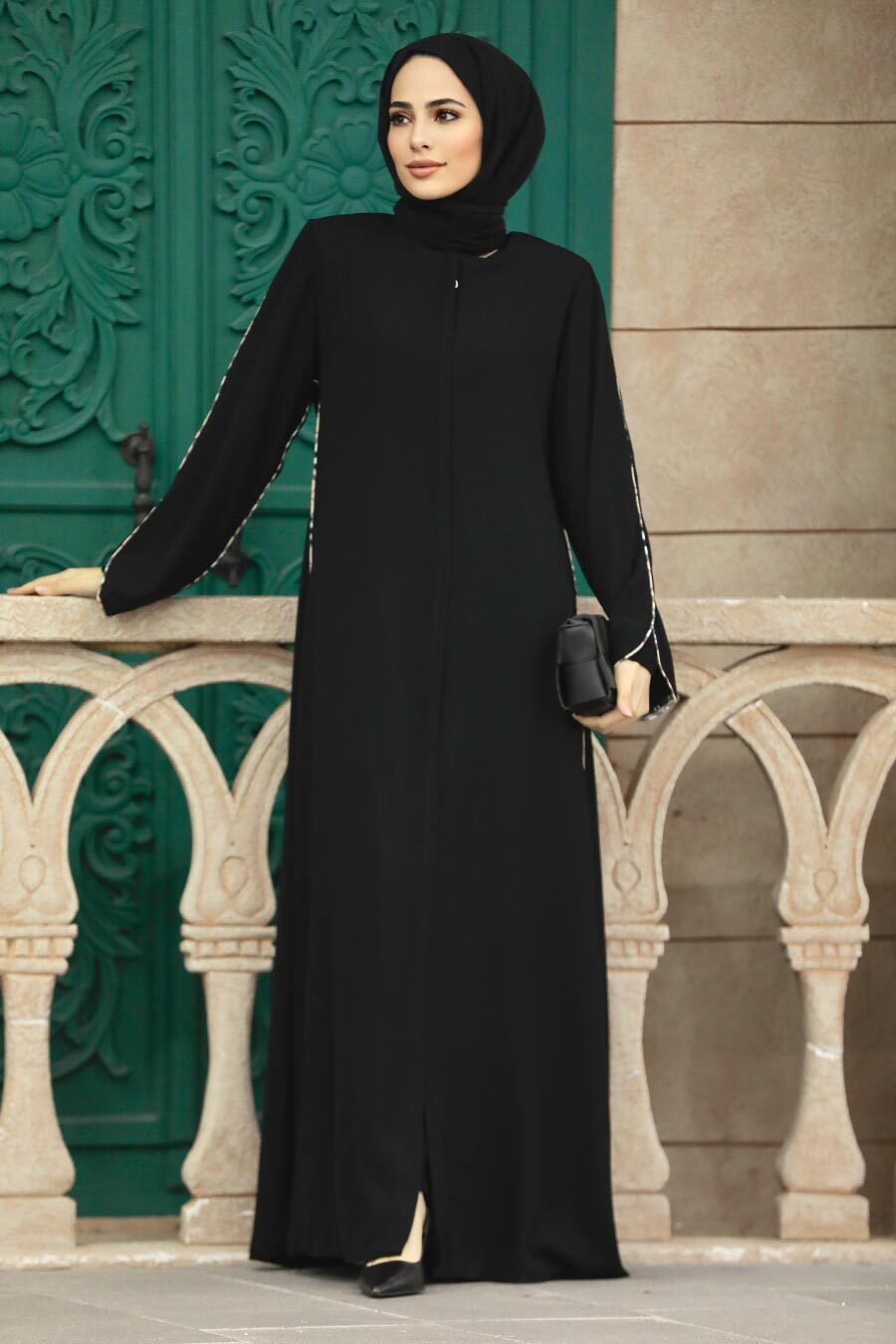 Neva Style - Şerit Detaylı Siyah Tesettür Rabia Krep Ferace 618S