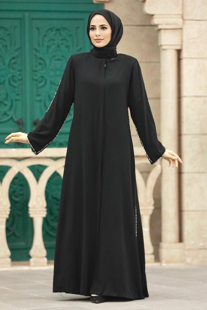 Neva Style - Şerit Detaylı Siyah Tesettür Rabia Krep Ferace 618S - 4