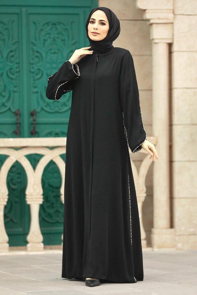 Neva Style - Şerit Detaylı Siyah Tesettür Rabia Krep Ferace 618S - 1