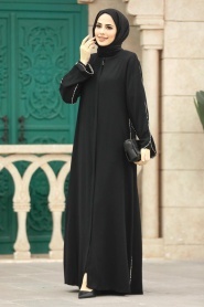 Neva Style - Şerit Detaylı Siyah Tesettür Rabia Krep Ferace 618S - Thumbnail