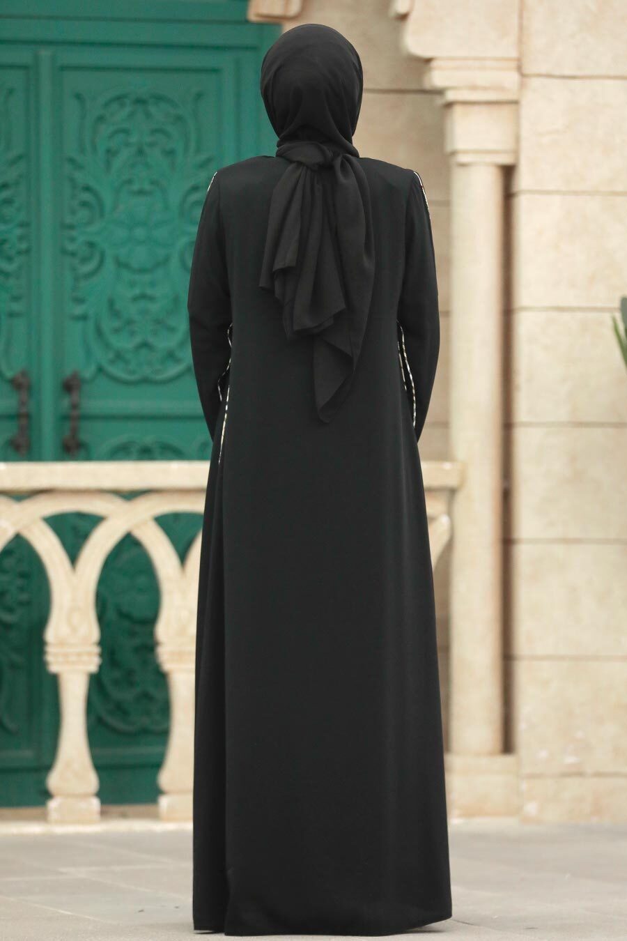 Neva Style - Şerit Detaylı Siyah Tesettür Rabia Krep Ferace 618S