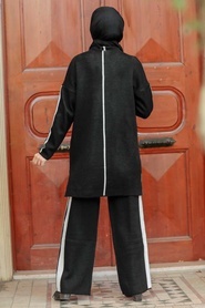 Neva Style - Şerit Detaylı Siyah Tesettür Triko İkili Takım 2010S - Thumbnail