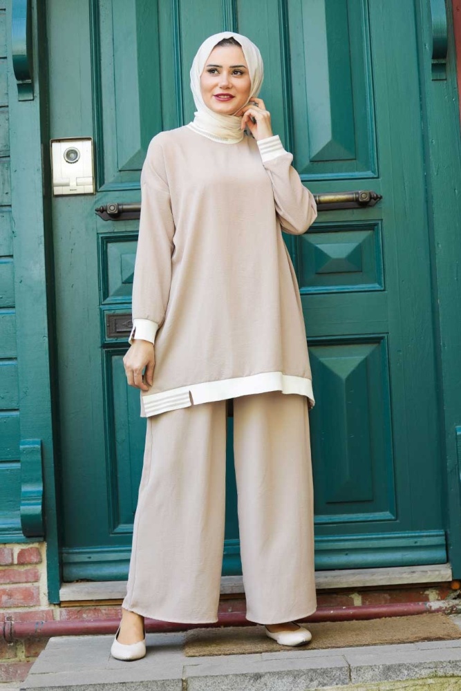 Neva Style - Şerit Detaylı Vizon Tesettür İkili Takım 40250V - 1