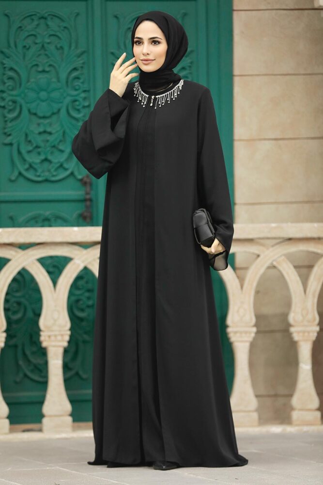 Neva Style - Şifon Detaylı Siyah Tesettür Ferace 34261S - 4
