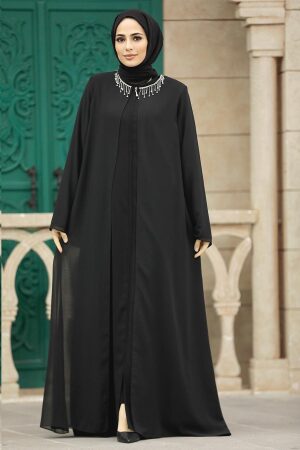 Neva Style - Şifon Detaylı Siyah Tesettür Ferace 34261S - 3
